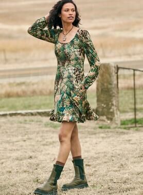 Peruvian Connection Pastorale Long Sleeve Foliage Green Dress Mini Small Pockets
